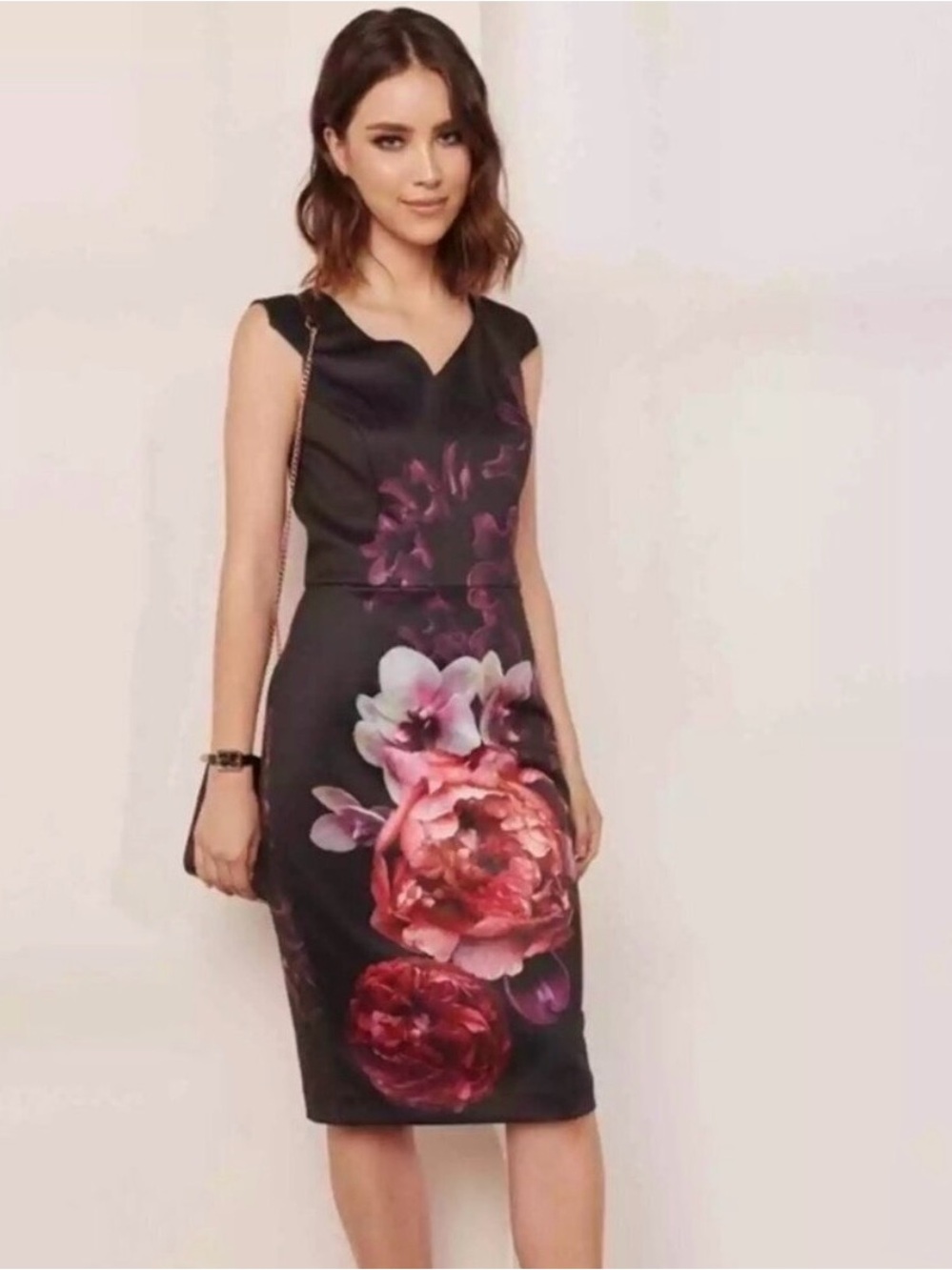 Ted Baker London Black Midi Dress with Pink and Red Floral Print